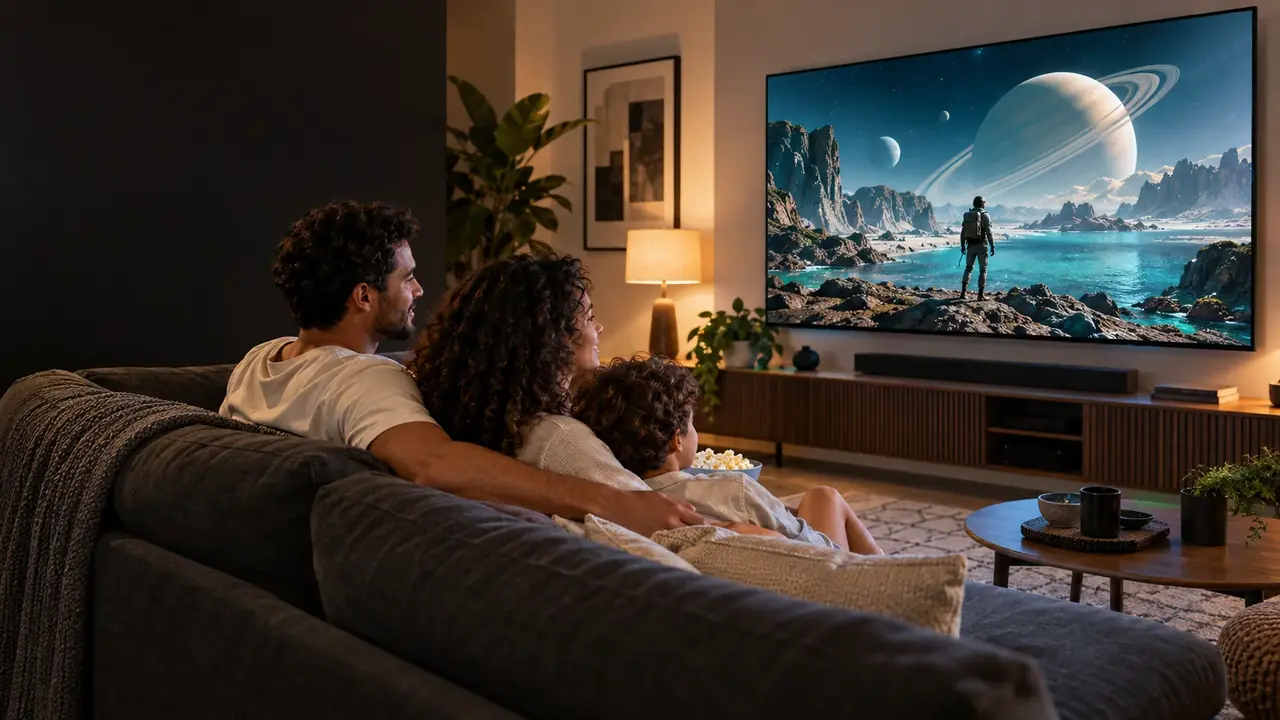 Família reunida no sofá assistindo a uma aventura espacial na televisão.