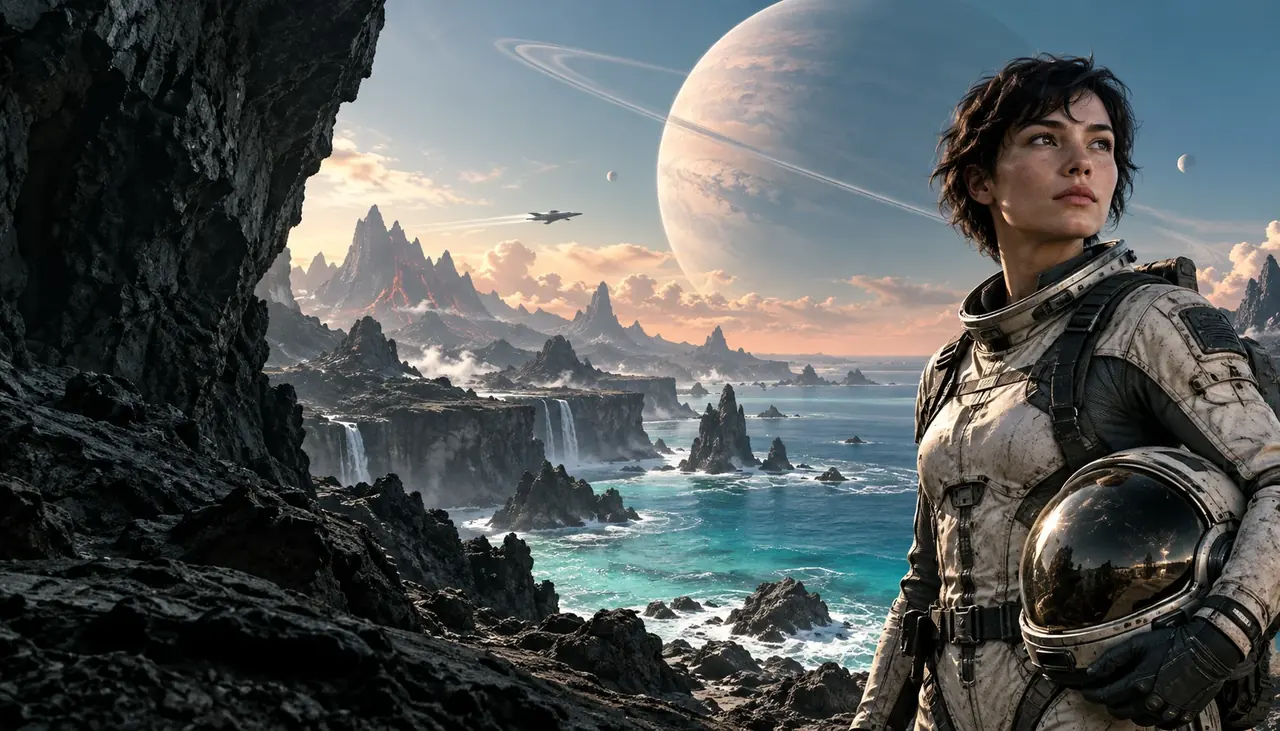 Exploradora em uma costa de outro planeta, em uma cena cinematográfica original.