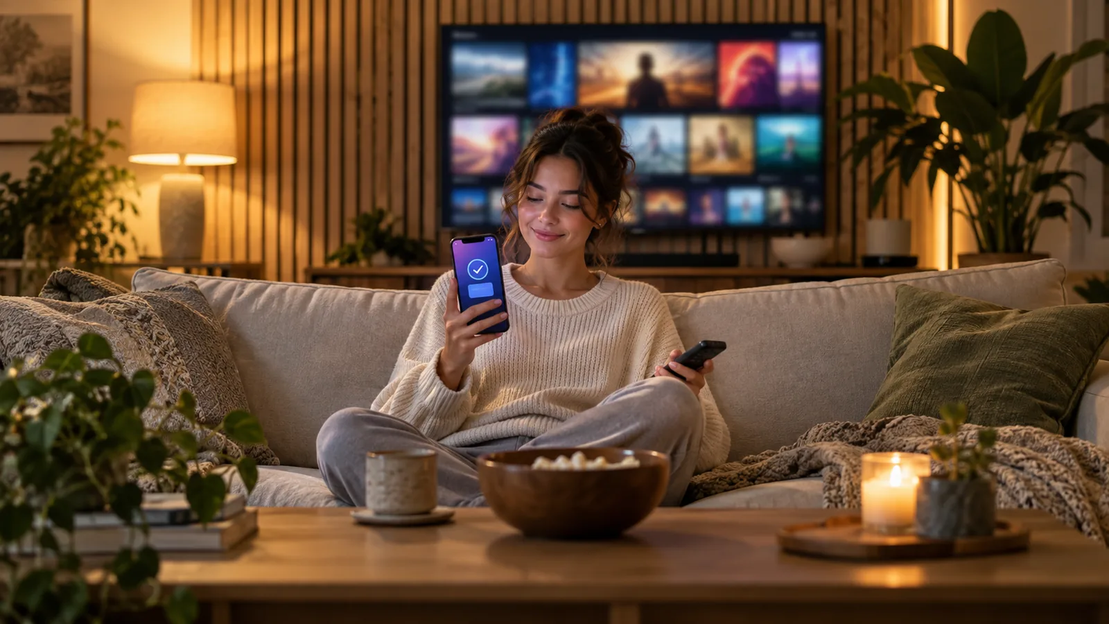 Pessoa no sofá segurando o celular com o WhatsApp aberto e o controle remoto na outra mão, prestes a concluir o pagamento da assinatura de IPTV.