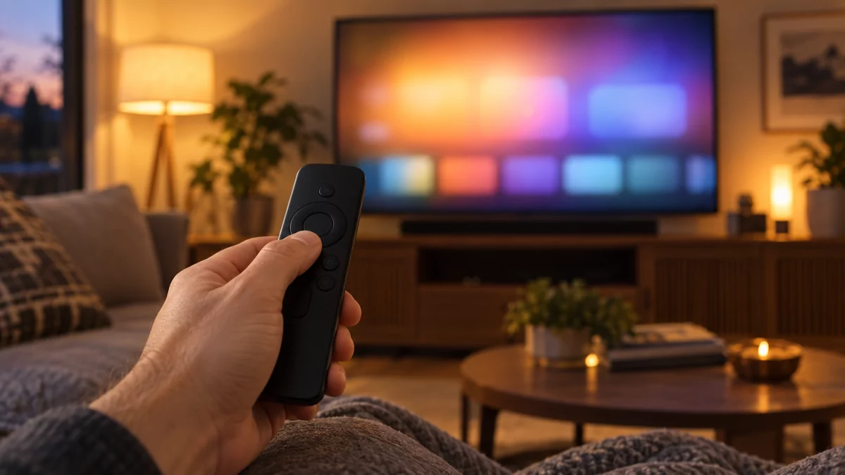 Mão segurando controle remoto compacto com microfone apontado para tela de TV com iluminação acolhedora.