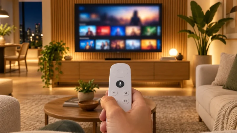 Controle remoto da Amazon com botão Alexa apontado para uma tela de TV com a interface de um aparelho de streaming.