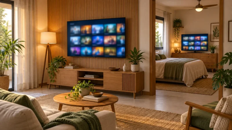 Duas telas ligadas ao mesmo tempo em cômodos diferentes de uma casa, mostrando o app de IPTV em cada uma.