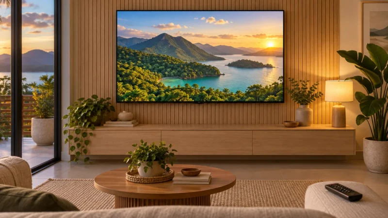 Sala de estar com uma Smart TV grande exibindo uma paisagem colorida e nítida, controle remoto em primeiro plano sobre o sofá.