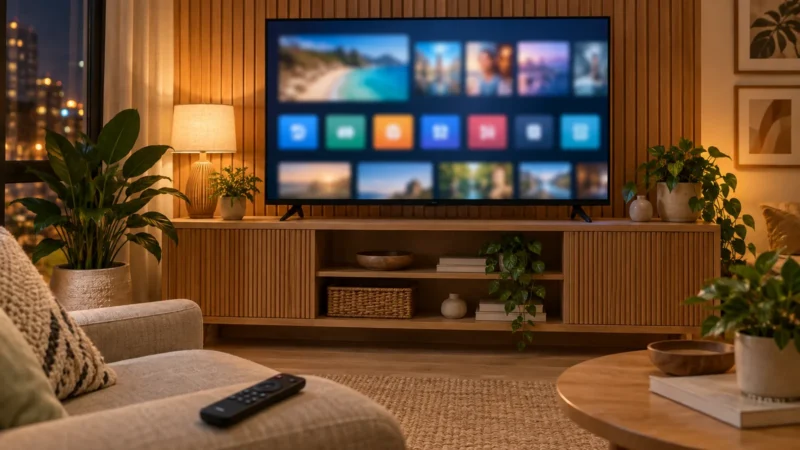 Controle remoto em primeiro plano com a tela de uma TV Hisense mostrando ícones de aplicativos ao fundo.