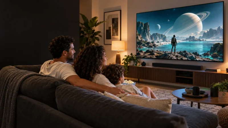 Família reunida no sofá assistindo a um filme na Smart TV.