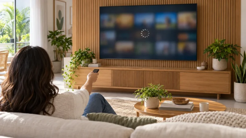 Pessoa com o controle remoto na mão em frente a uma Smart TV, ajustando as configurações do aparelho.