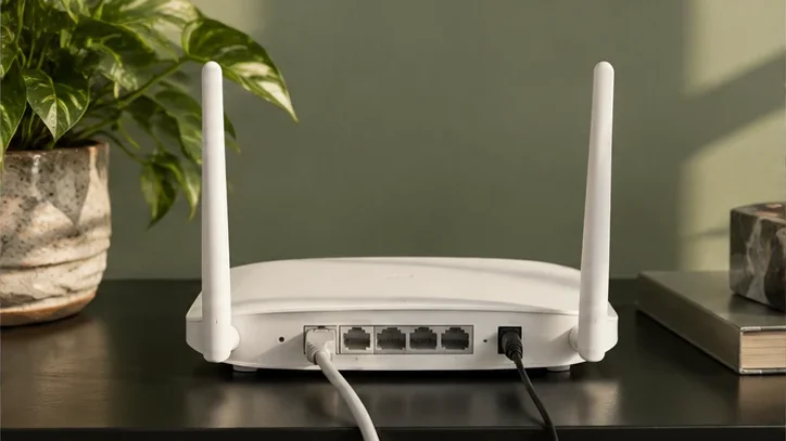 Roteador Wi-Fi com cabo de rede e fonte conectados sobre uma mesa.