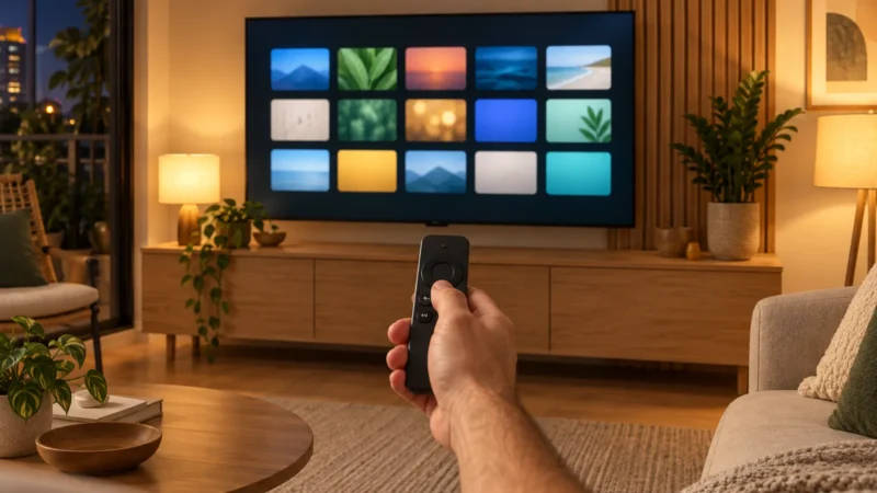 Controle remoto compacto apontado para uma televisão exibindo ícones de aplicativos de streaming.