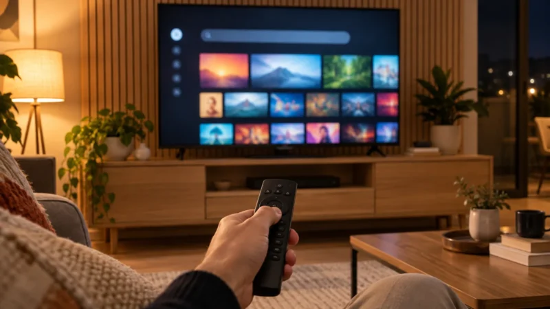 Controle remoto apontado para uma Smart TV com tela inicial mostrando um grid genérico de ícones de aplicativos.
