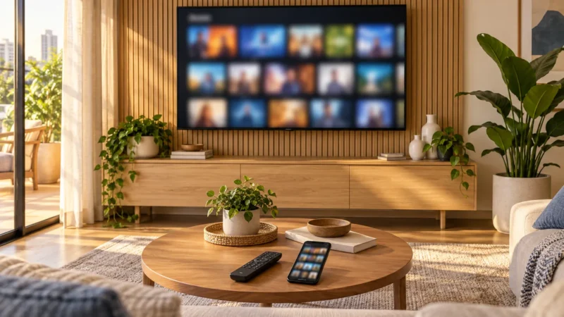 Sala de estar clara com uma Smart TV genérica mostrando um catálogo desfocado de miniaturas coloridas, ao lado de um celular com a mesma tela.