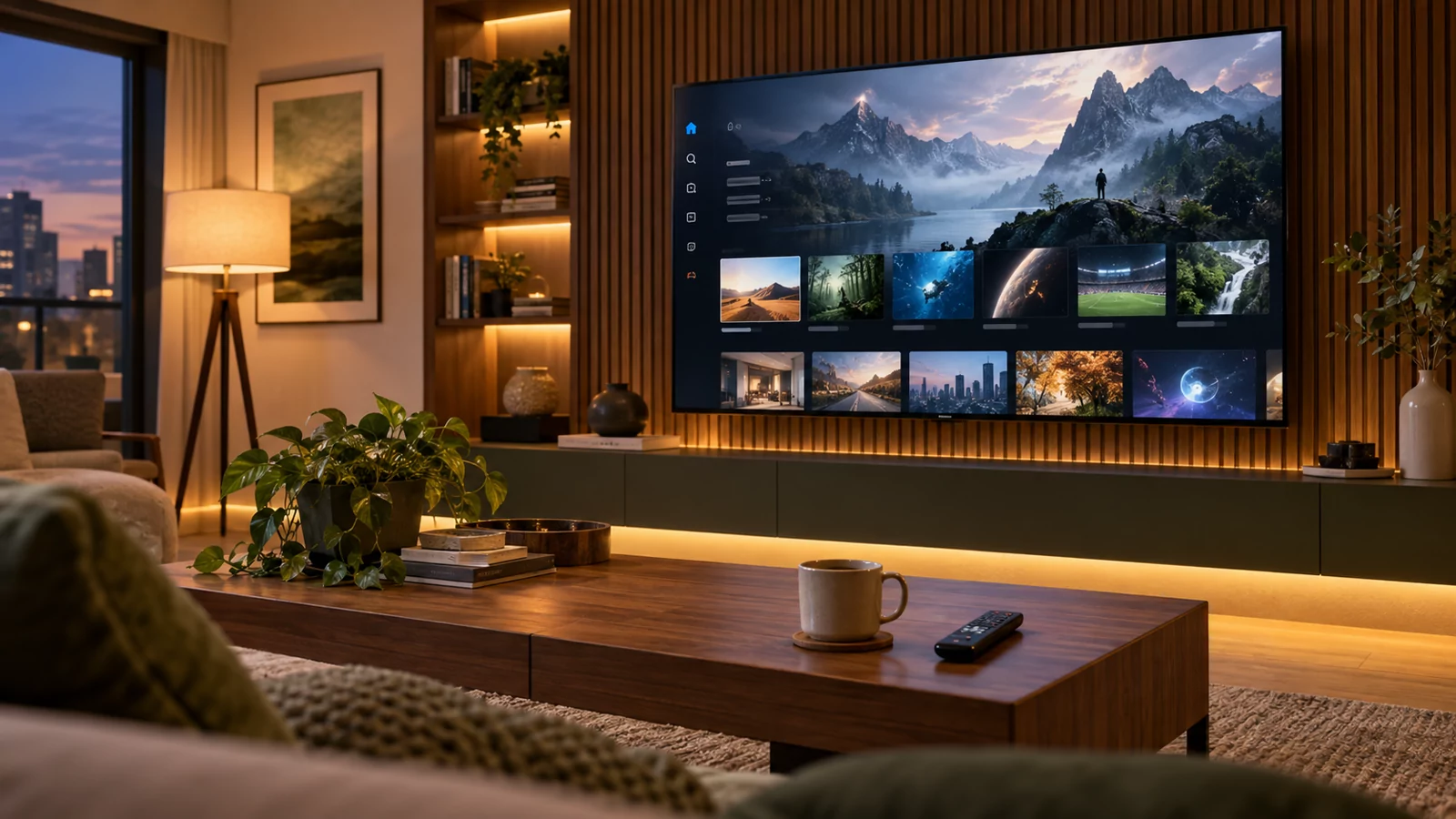Televisão moderna exibindo interface de entretenimento em sala contemporânea.