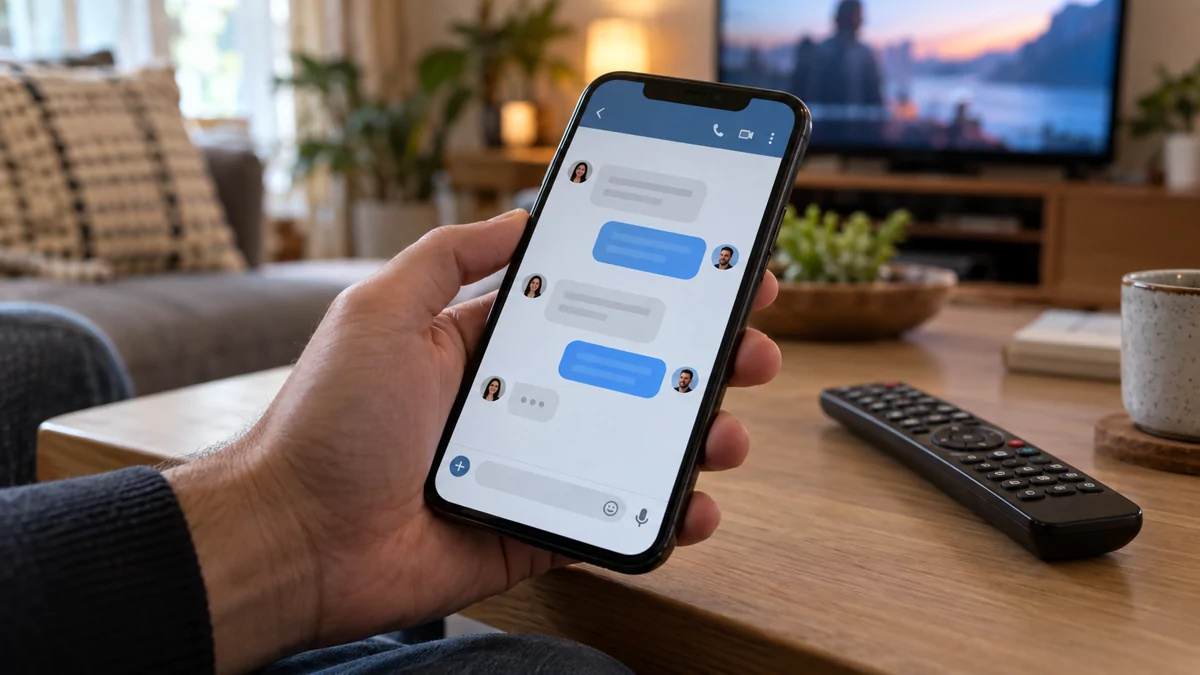 Smartphone sobre mesa ao lado do controle remoto com mensagem de ativação de teste.