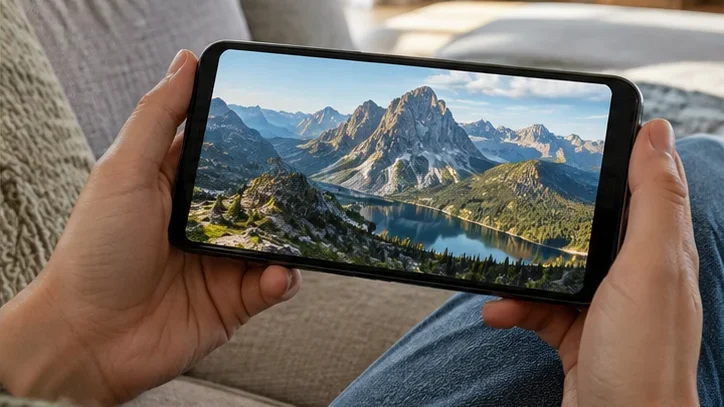 Pessoa segurando um celular na horizontal reproduzindo uma paisagem.