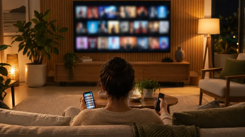 Pessoa comparando a imagem do teste de IPTV na tela da TV e na tela do celular